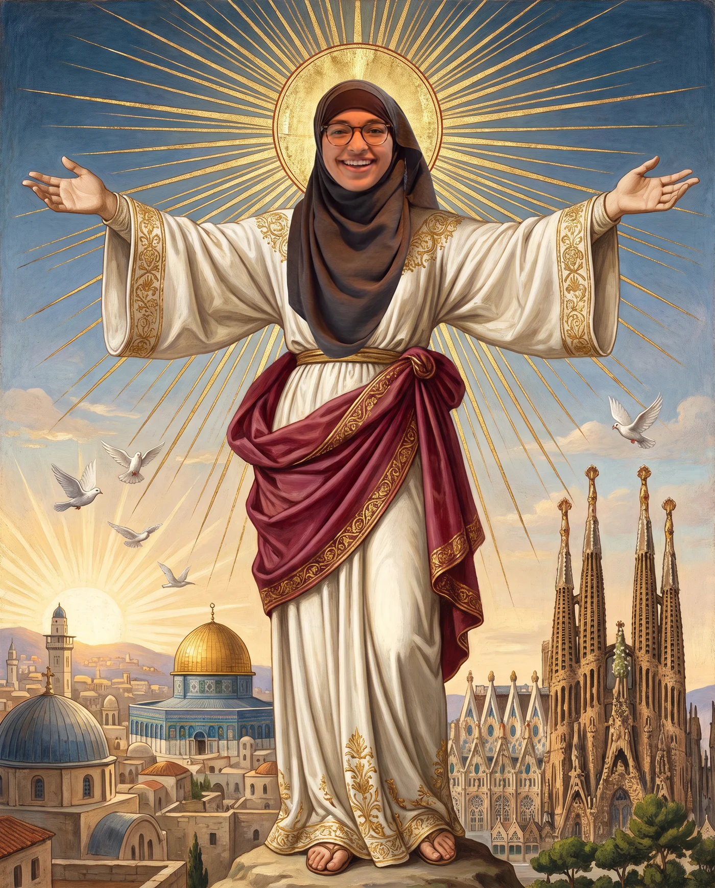 Zyneb als fresco, met open armen en een gouden stralenkrans boven een stad van koepels en torens